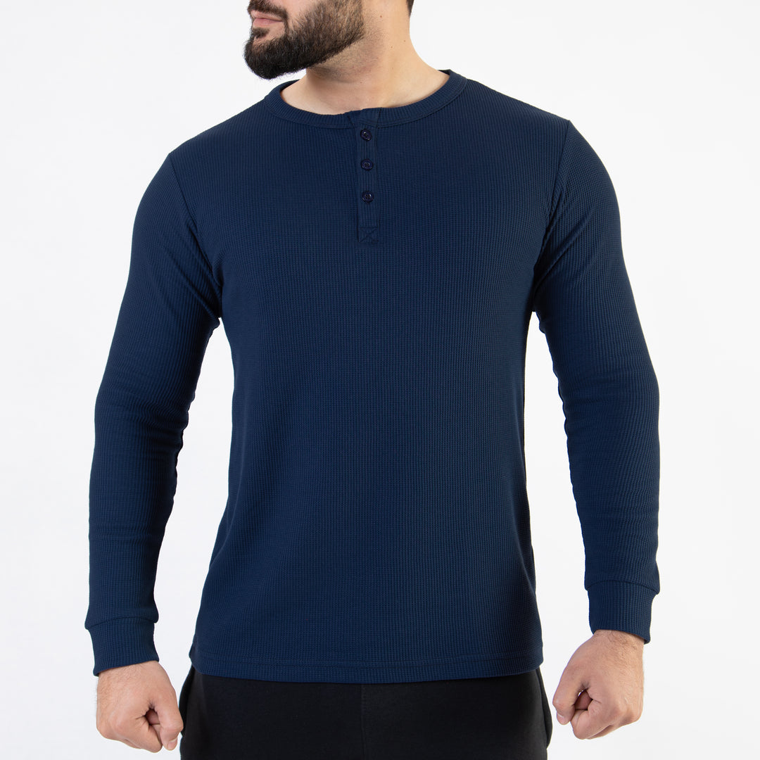 Navy Thermal Waffle-Knit Henley