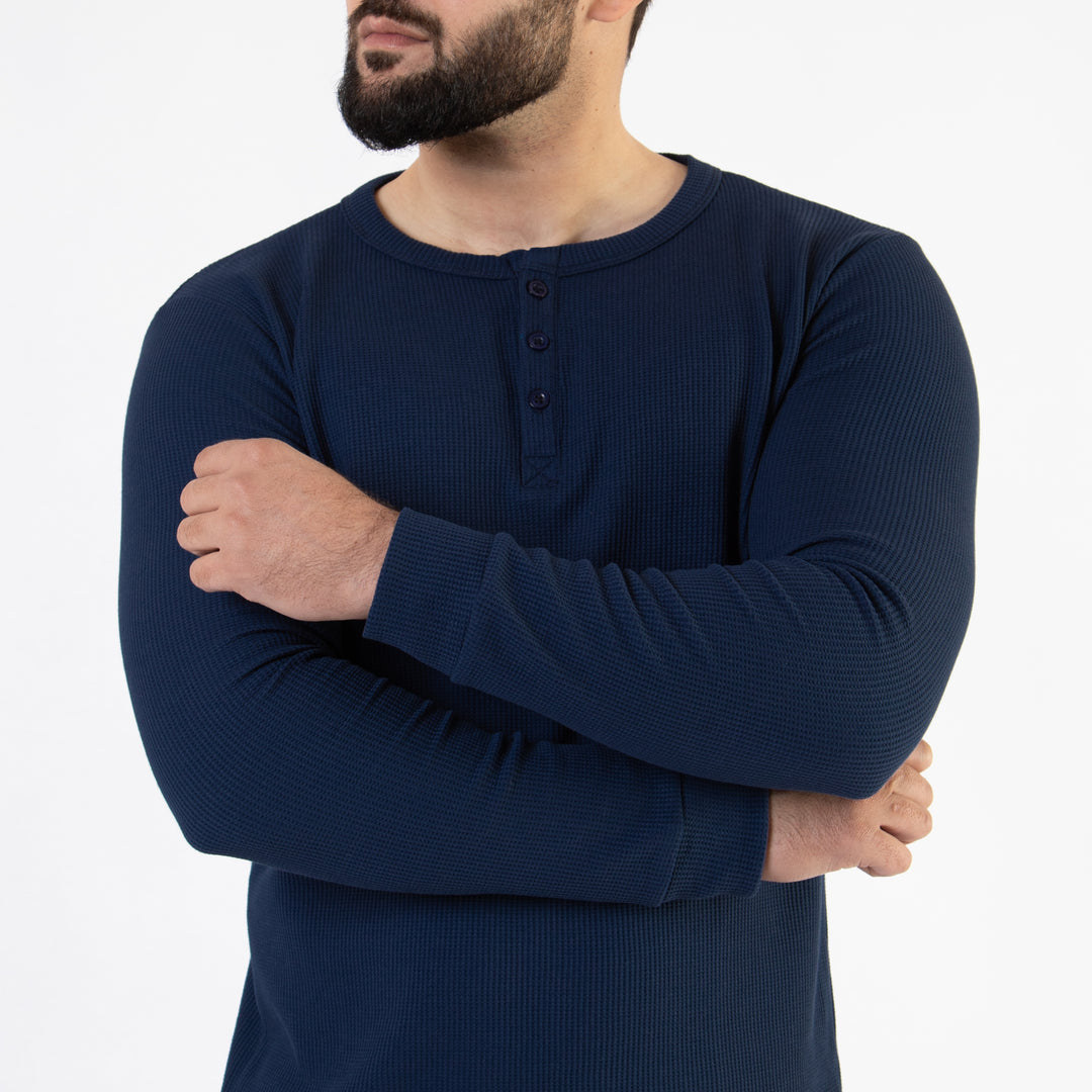 Navy Thermal Waffle-Knit Henley