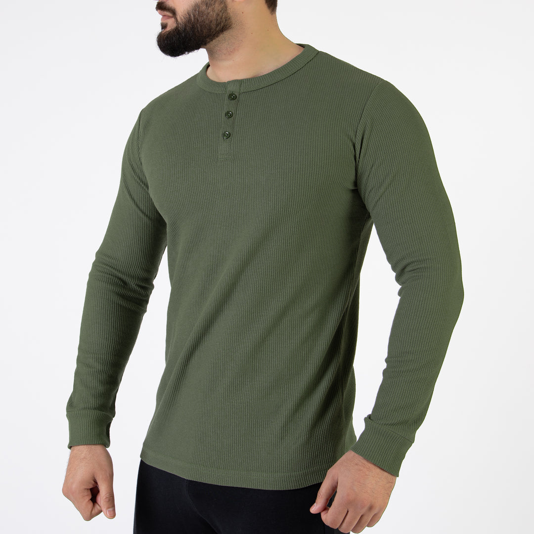 Olive Thermal Waffle-Knit Henley