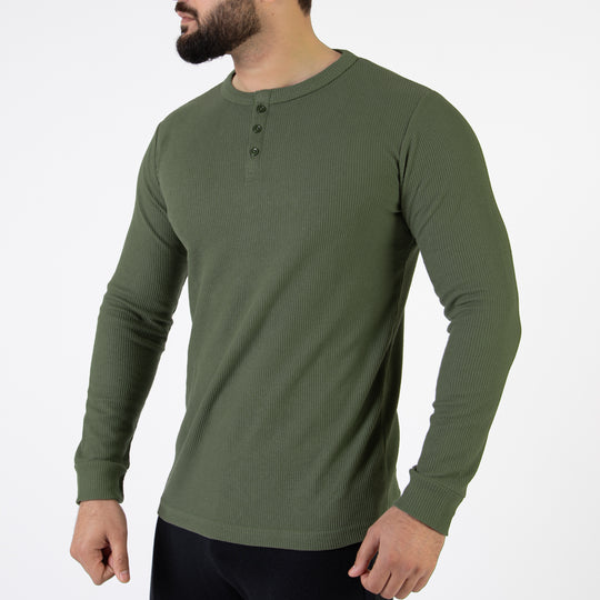 Olive Thermal Waffle-Knit Henley