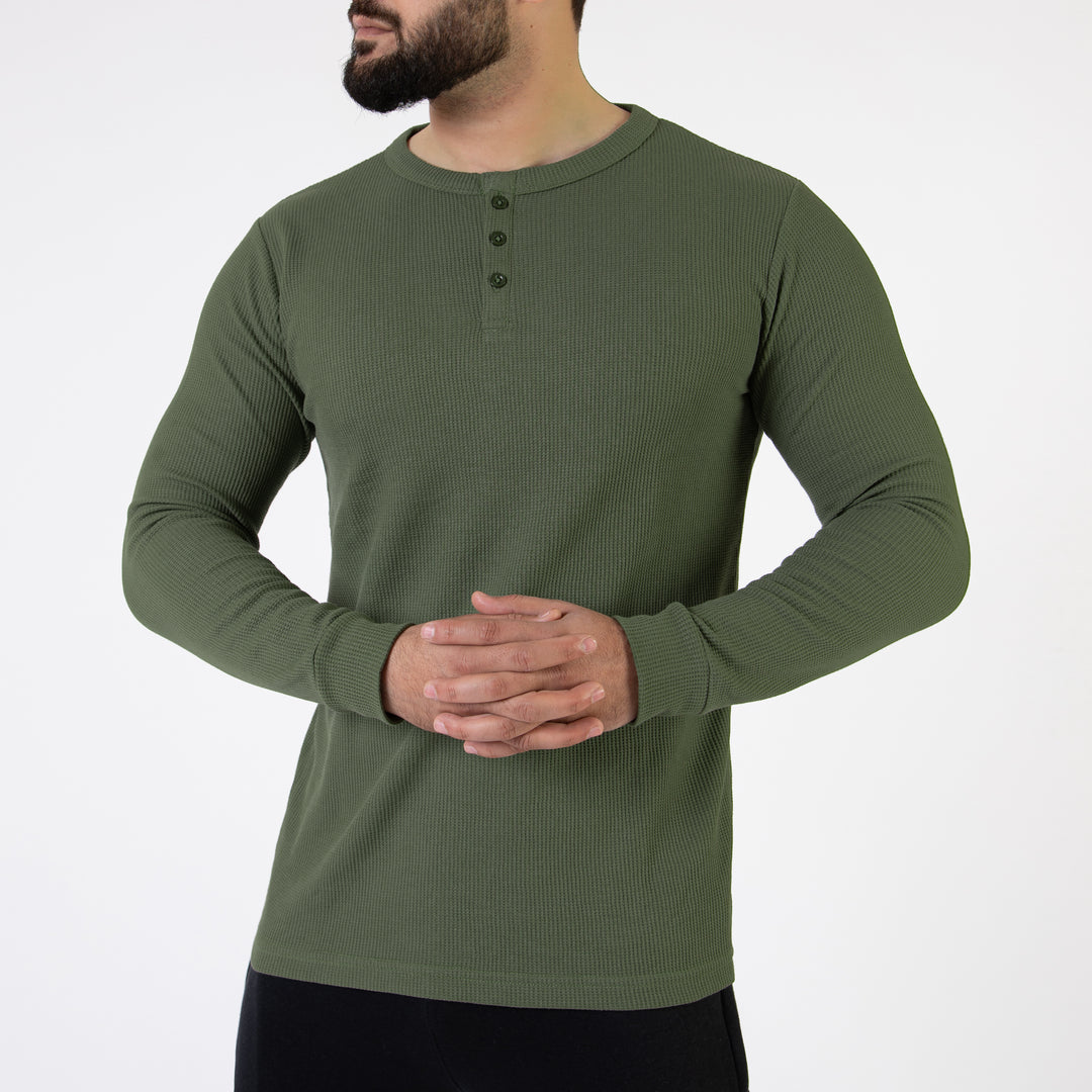 Olive Thermal Waffle-Knit Henley