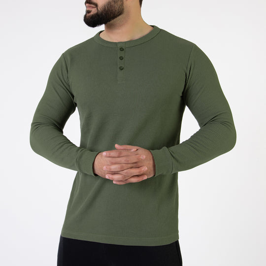 Olive Thermal Waffle-Knit Henley