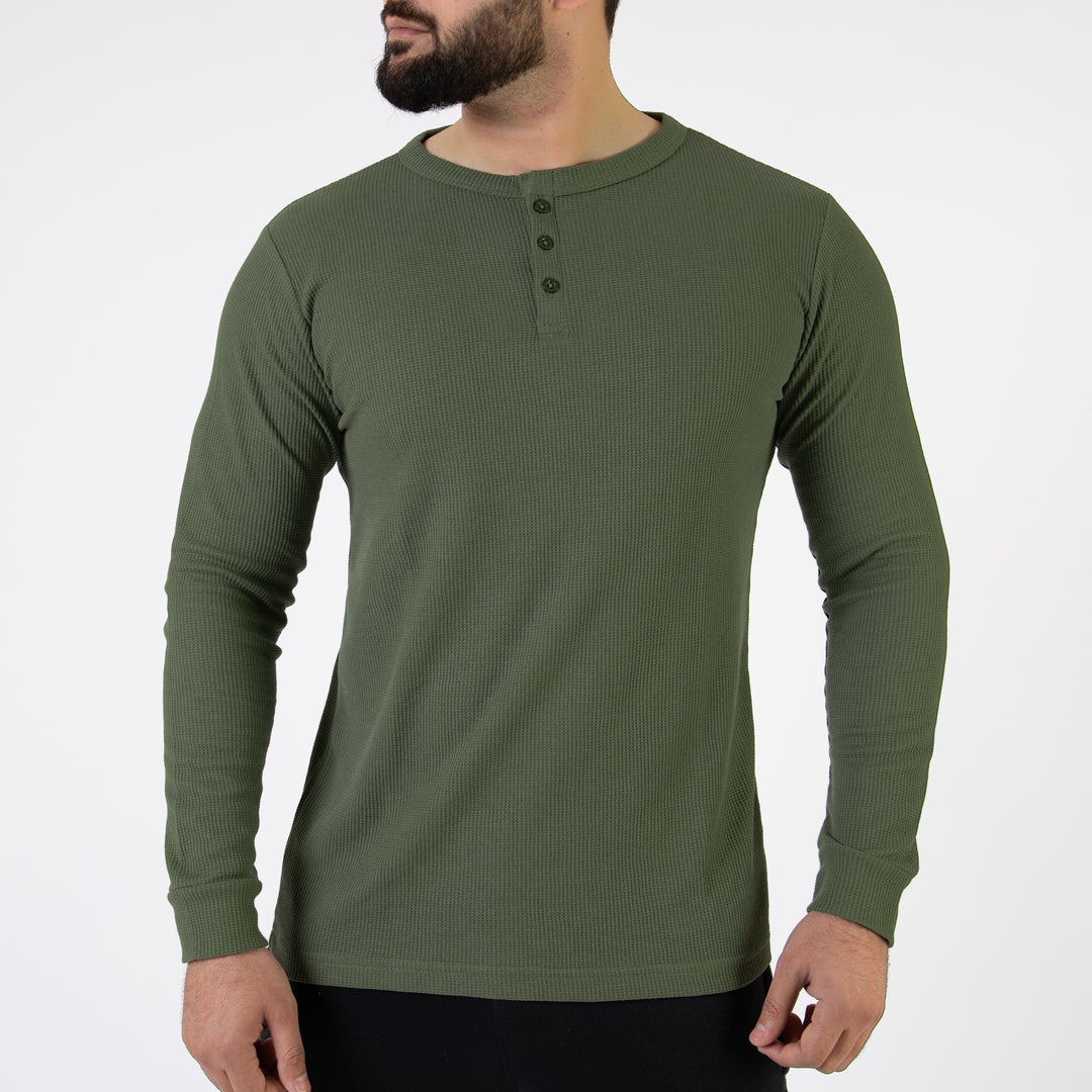 Olive Thermal Waffle-Knit Henley