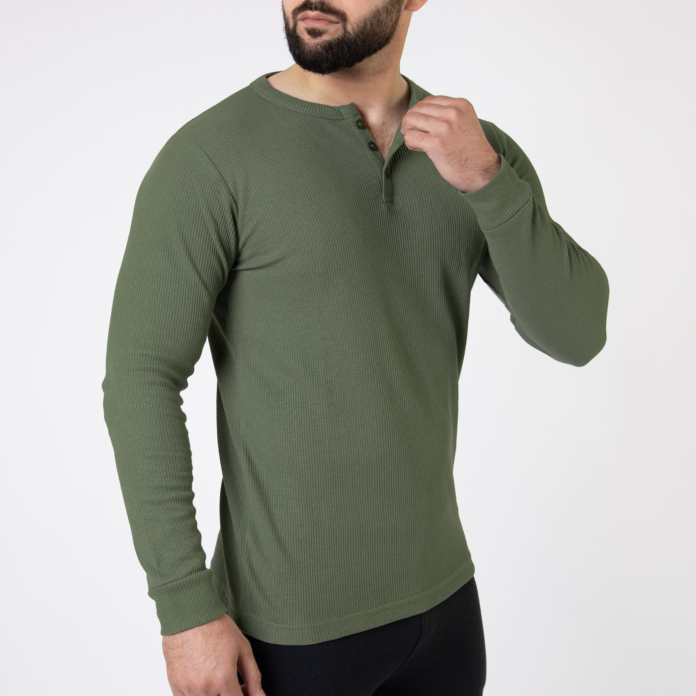 Olive Thermal Waffle-Knit Henley