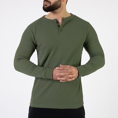 Olive Thermal Waffle-Knit Henley