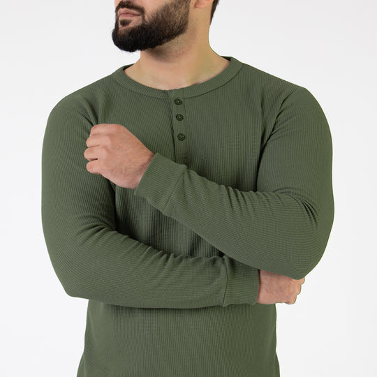 Olive Thermal Waffle-Knit Henley