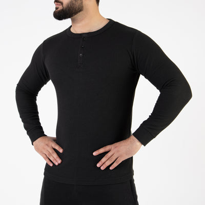Black Thermal Waffle-Knit Henley