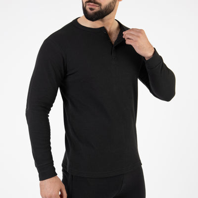 Black Thermal Waffle-Knit Henley