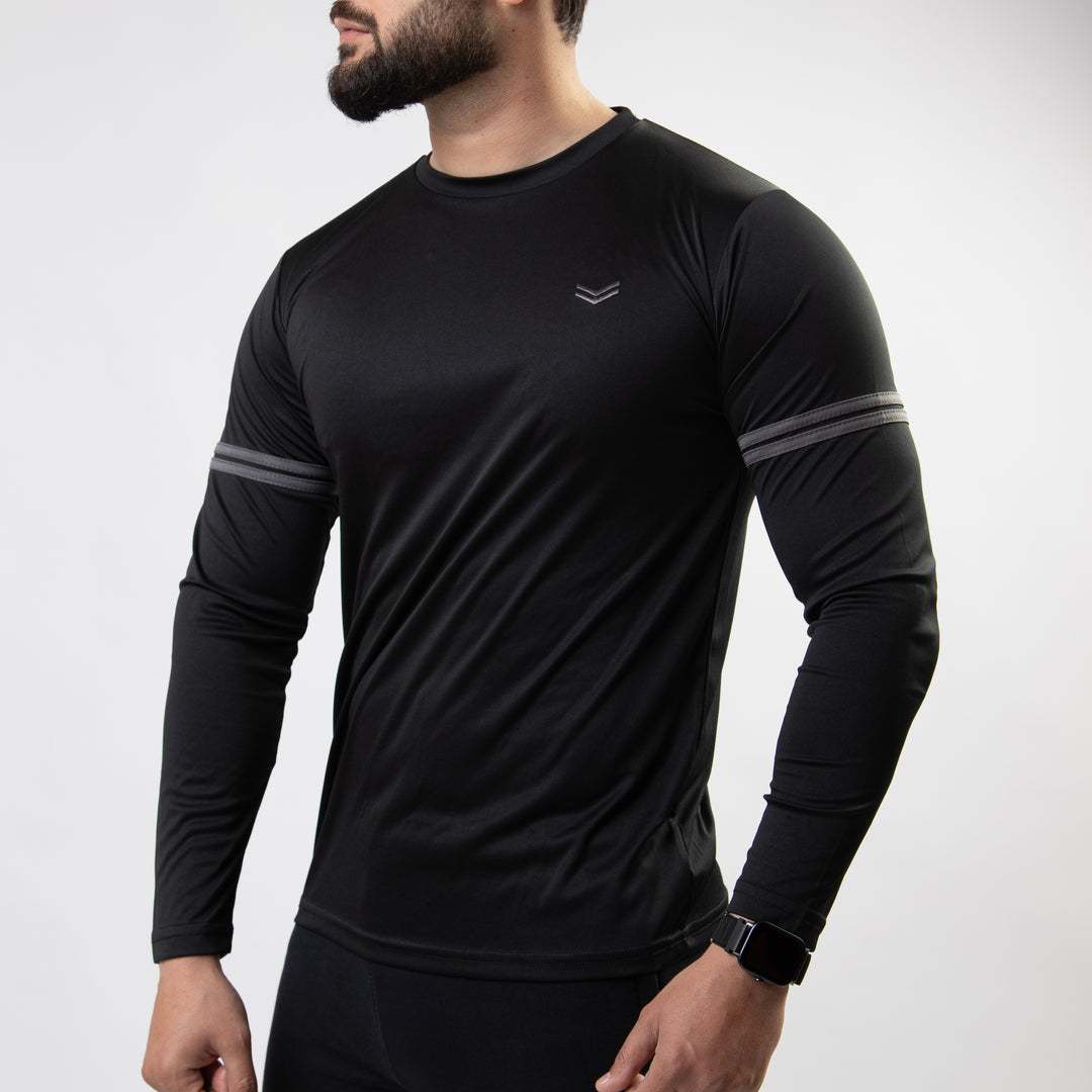 Black Quick Dry Full Sleeves T-Shirt with Two Charcoal Stripes