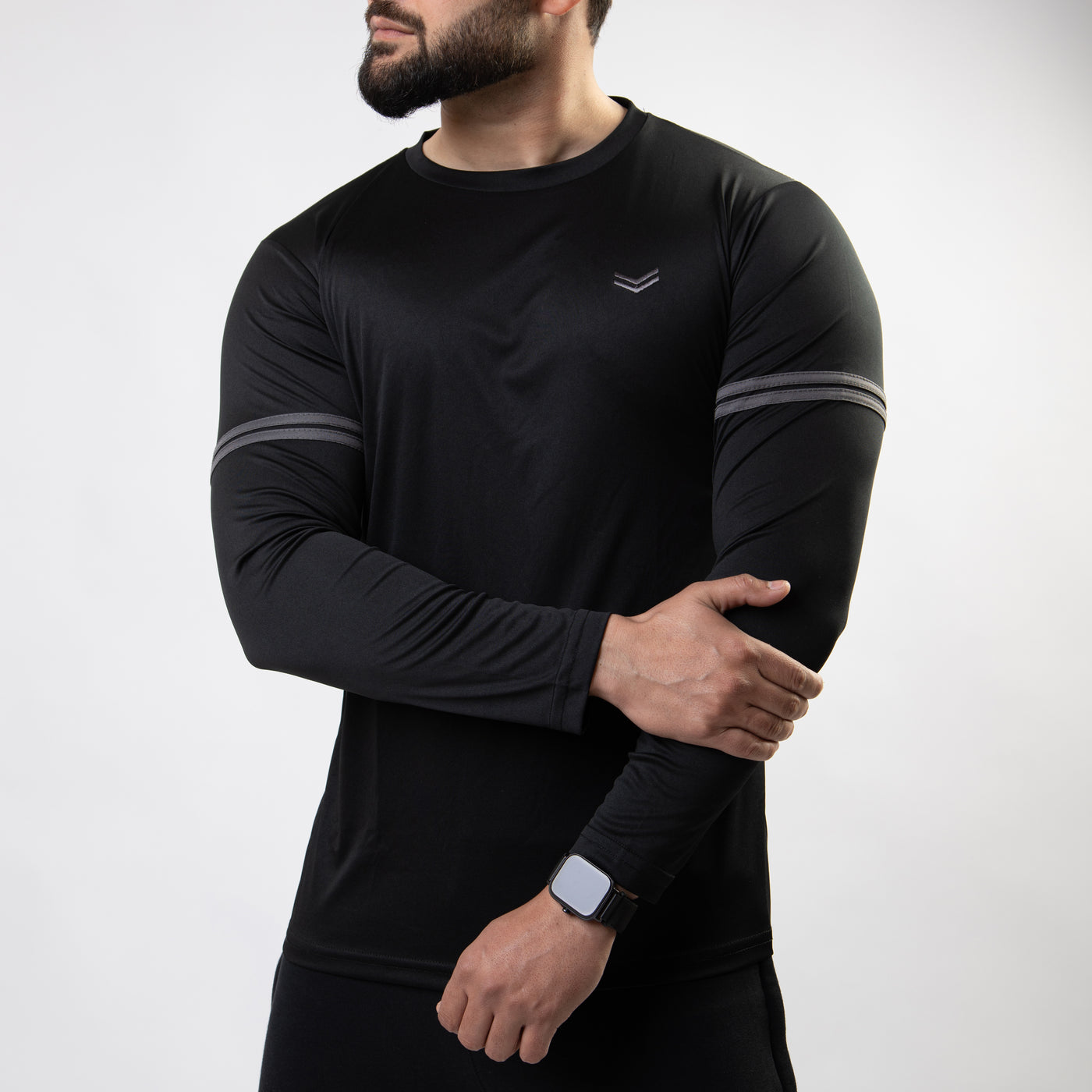 Black Quick Dry Full Sleeves T-Shirt with Two Charcoal Stripes
