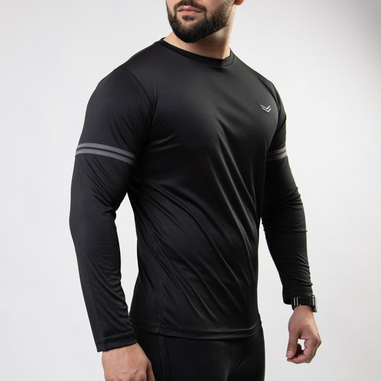 Black Quick Dry Full Sleeves T-Shirt with Two Charcoal Stripes