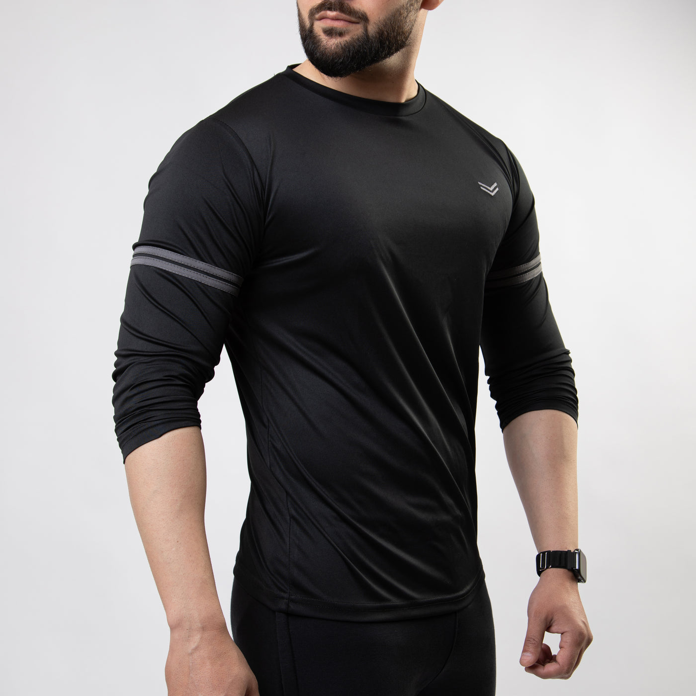 Black Quick Dry Full Sleeves T-Shirt with Two Charcoal Stripes