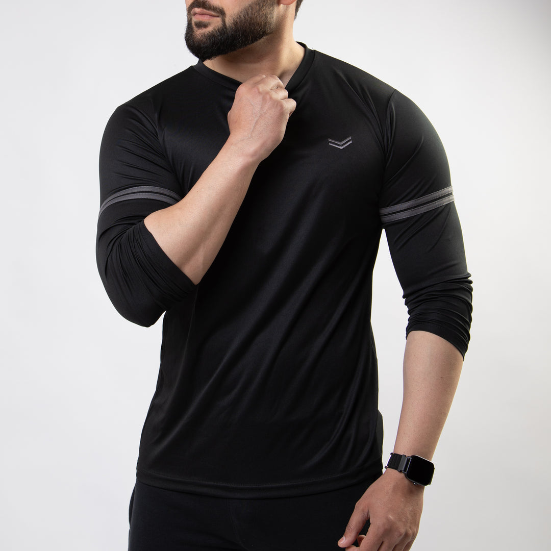 Black Quick Dry Full Sleeves T-Shirt with Two Charcoal Stripes