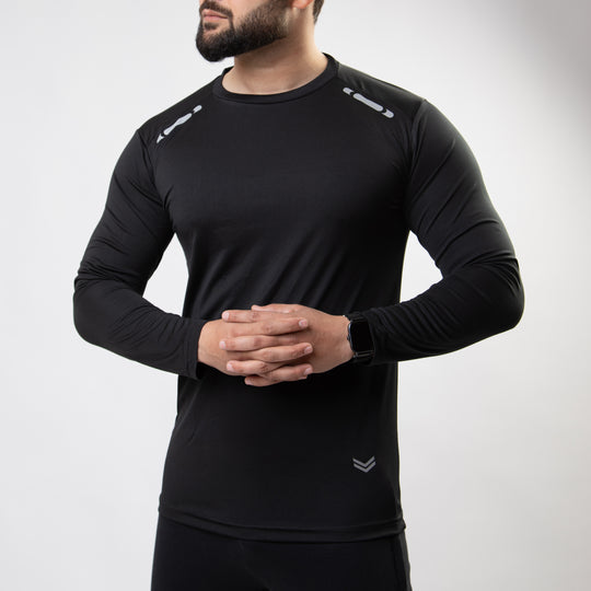 Black Quick Dry Full Sleeves T-Shirt with Front Reflectors