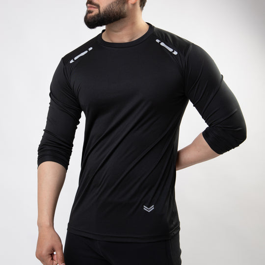 Black Quick Dry Full Sleeves T-Shirt with Front Reflectors