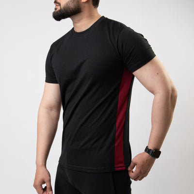 Black Hybrid T-Shirt with Maroon Mesh Panel