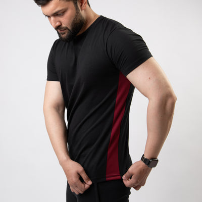 Black Hybrid T-Shirt with Maroon Mesh Panel