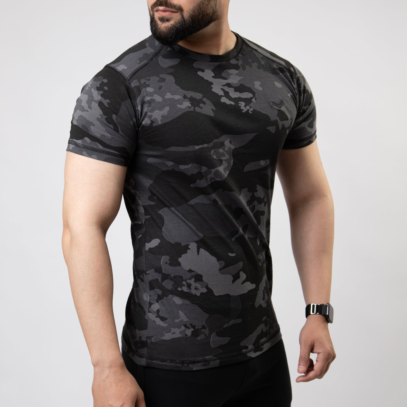 Gray Camo T-shirt with Five Thread Detailing