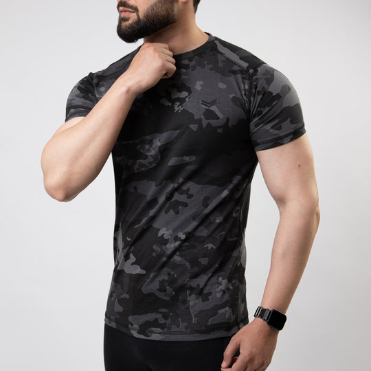 Gray Camo T-Shirt with Five Thread Detailing