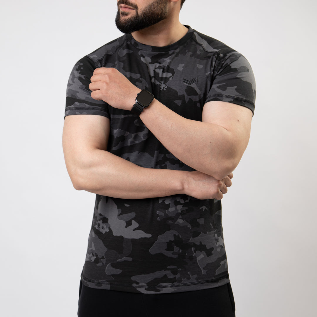 Gray Camo T-Shirt with Five Thread Detailing — view 5