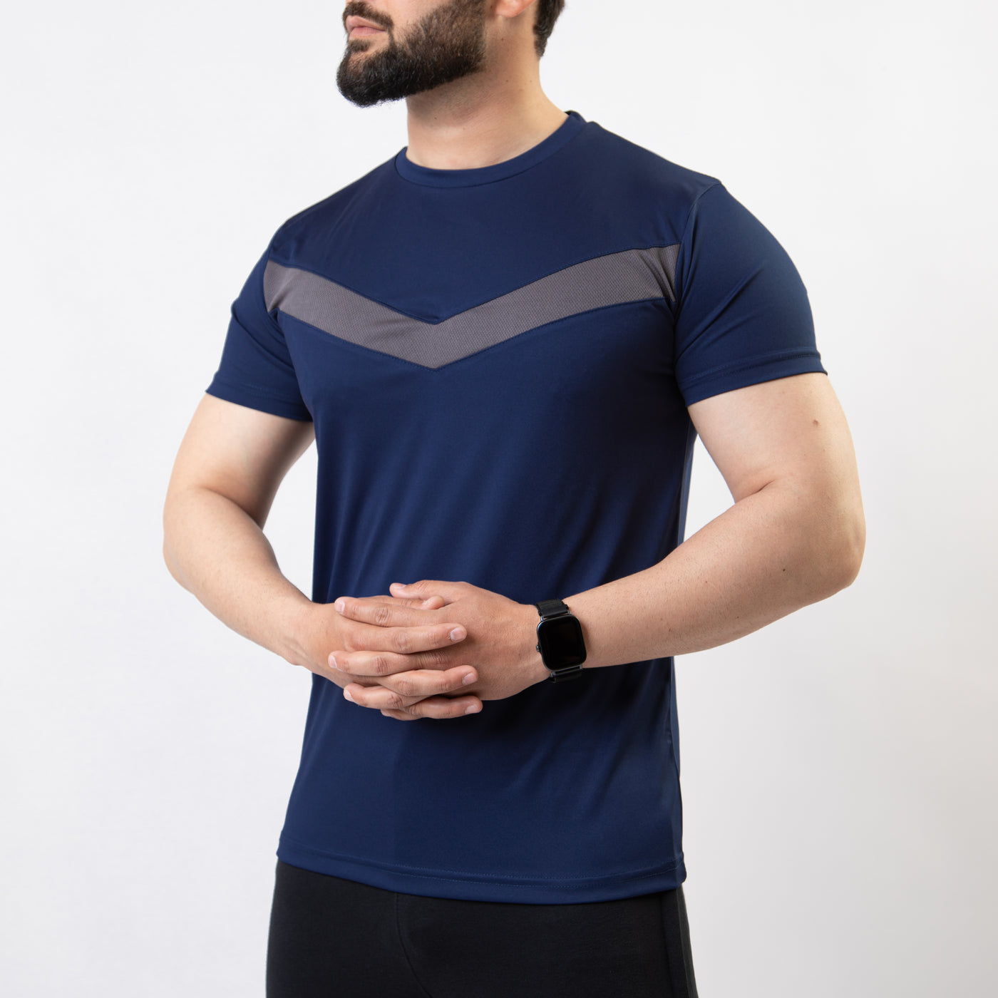 Navy Hybrid Quick Dry Tee with Front Gray V Mesh Panel