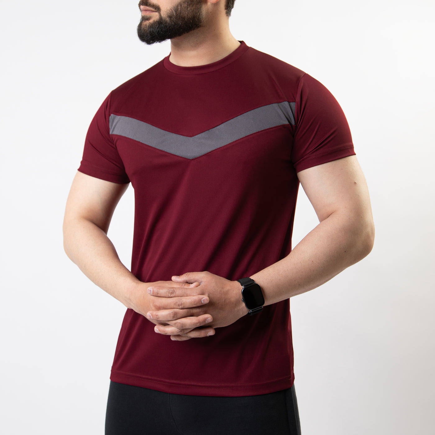 Maroon Hybrid Quick Dry Tee with Front Gray V Mesh Panel