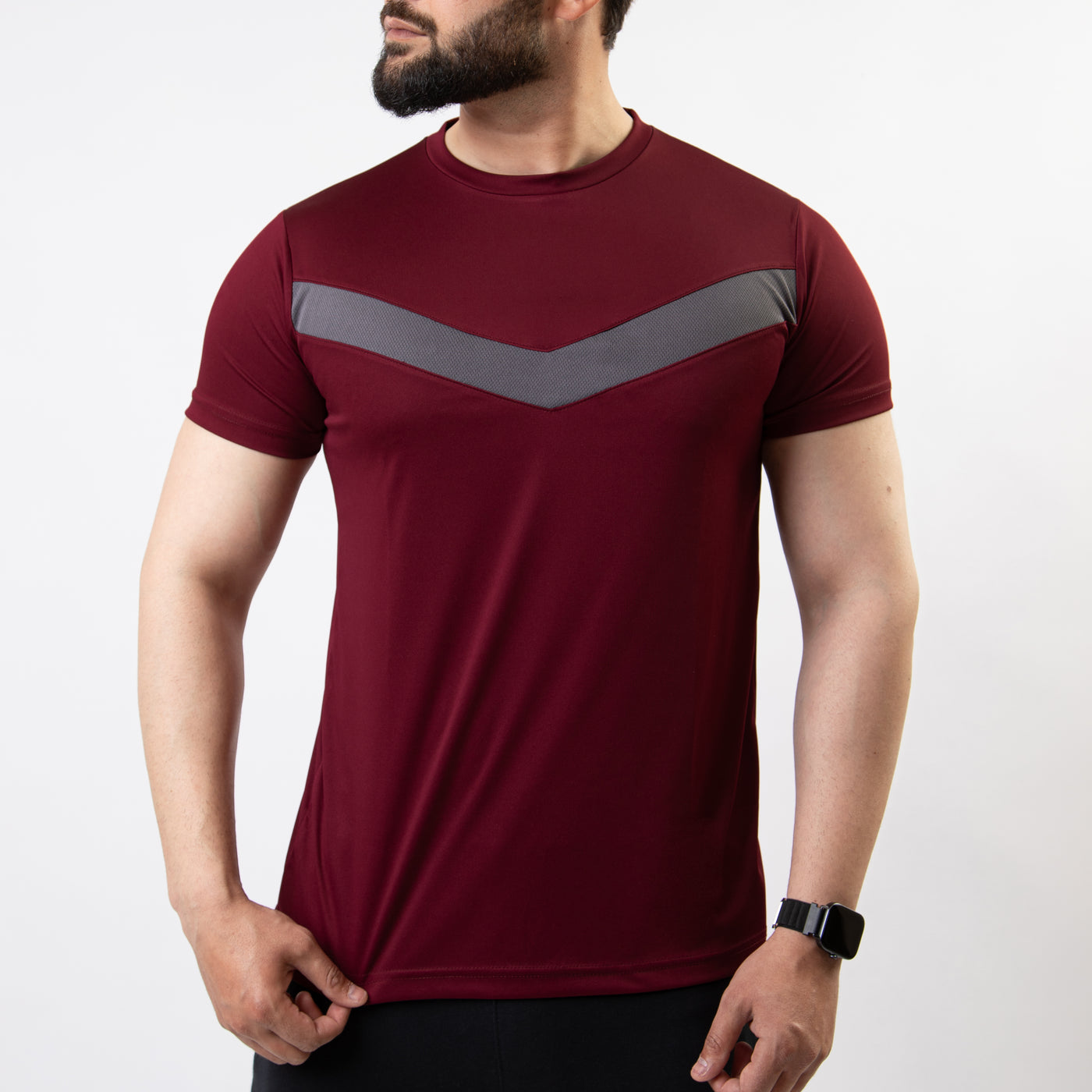 Maroon Hybrid Quick Dry Tee with Front Gray V Mesh Panel