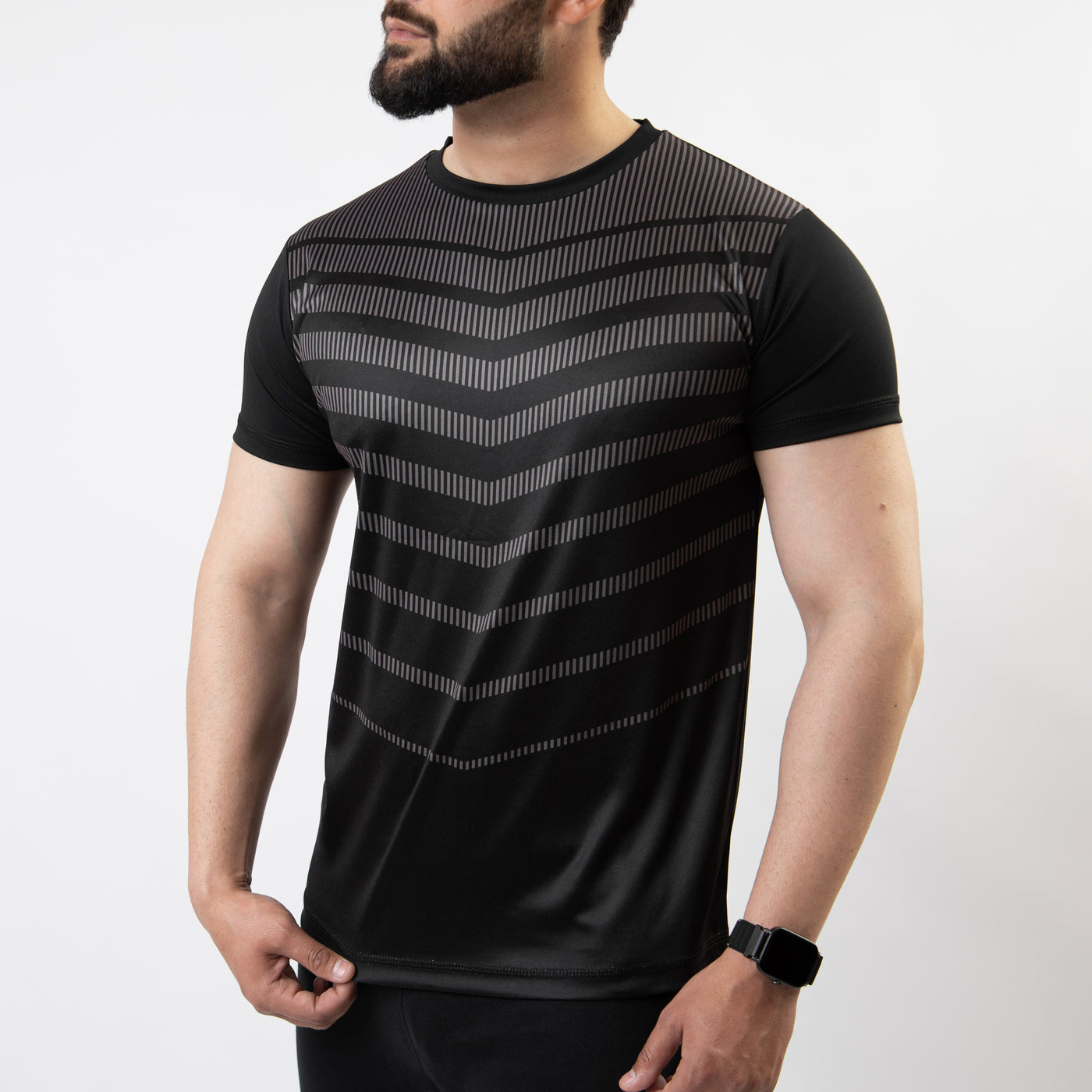 Black Sublimated Quick Dry T-Shirt with Gray Armor Stripes
