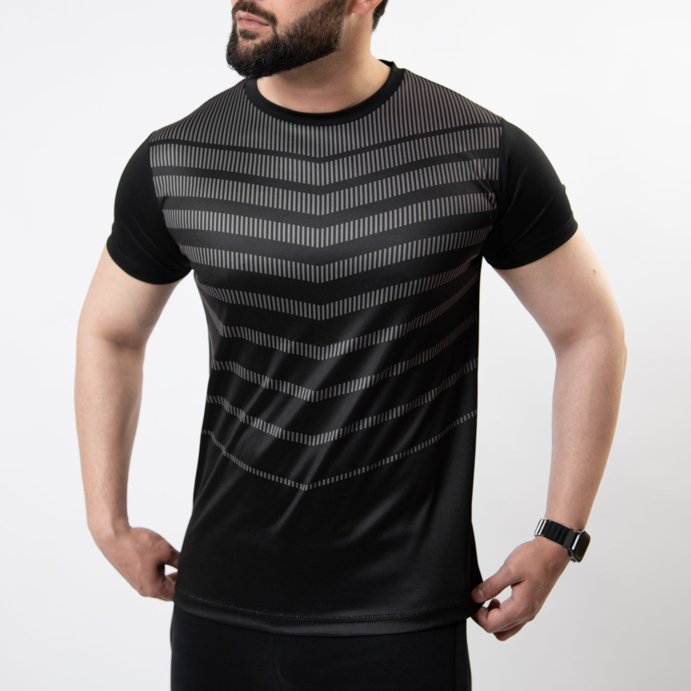 Black Sublimated Quick Dry T-Shirt with Gray Armor Stripes
