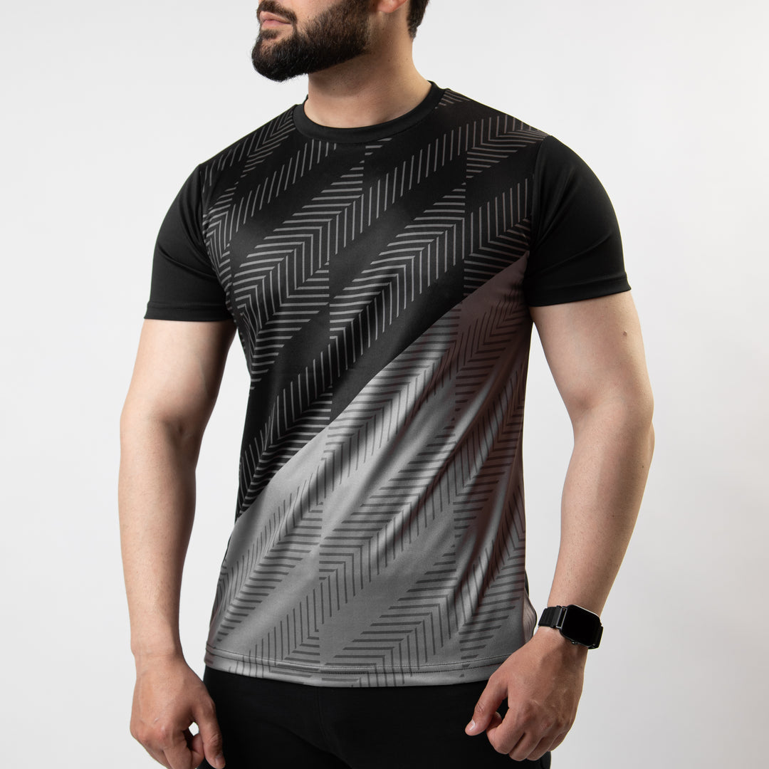 Black & Gray Sublimated Quick Dry T-Shirt with Tech Stripes