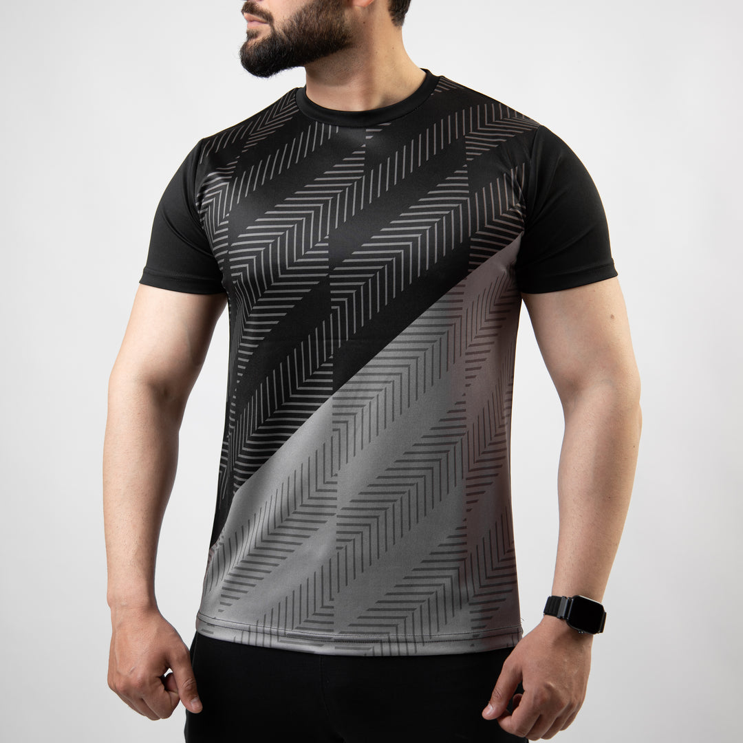 Black & Gray Sublimated Quick Dry T-Shirt with Tech Stripes
