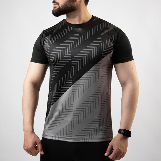 Black & Gray Sublimated Quick Dry T-Shirt with Tech Stripes