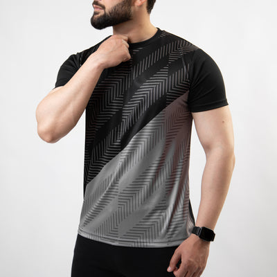 Black & Gray Sublimated Quick Dry T-Shirt with Tech Stripes