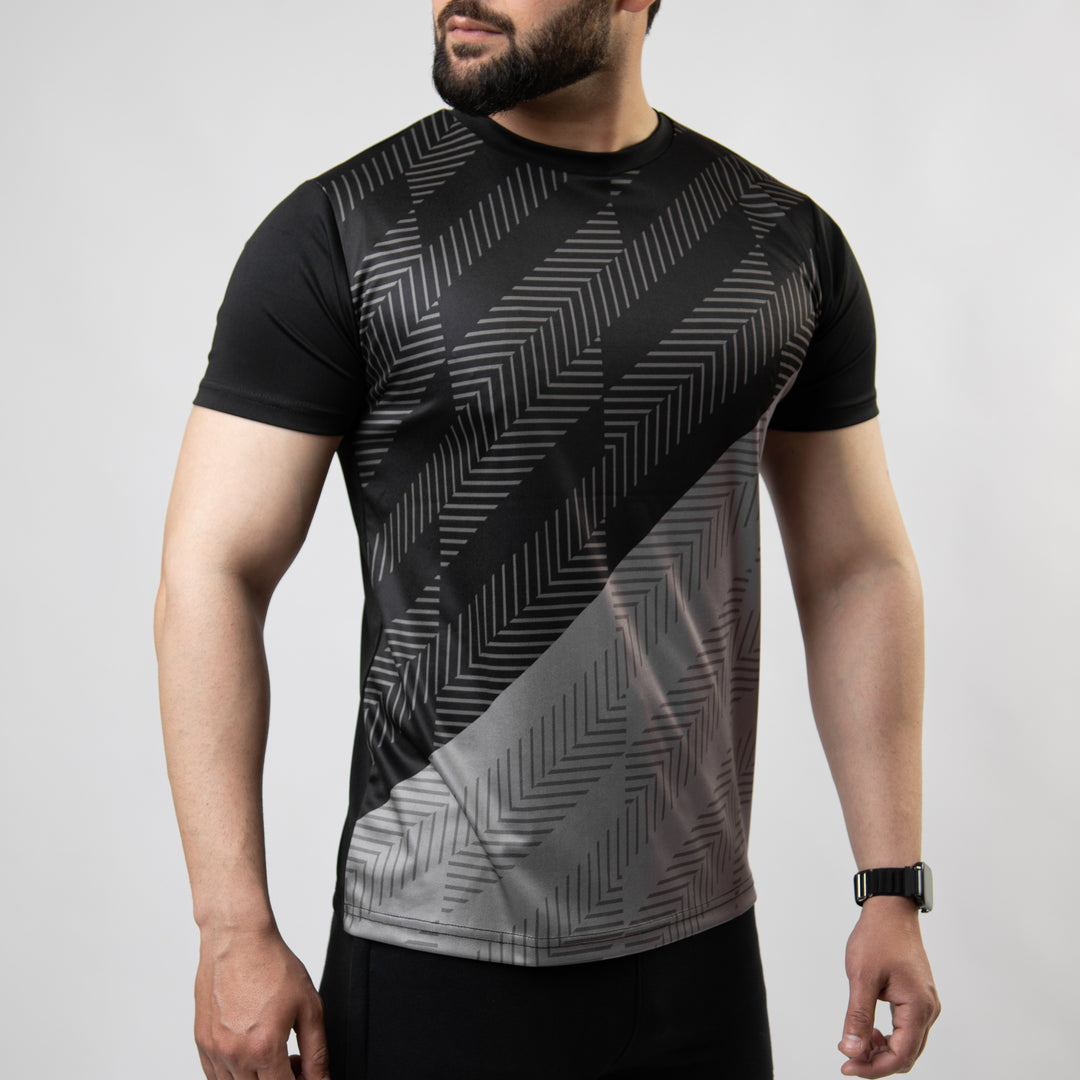 Black & Gray Sublimated Quick Dry T-Shirt with Tech Stripes