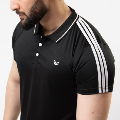 Black Polo Shirt with Three White Stripes