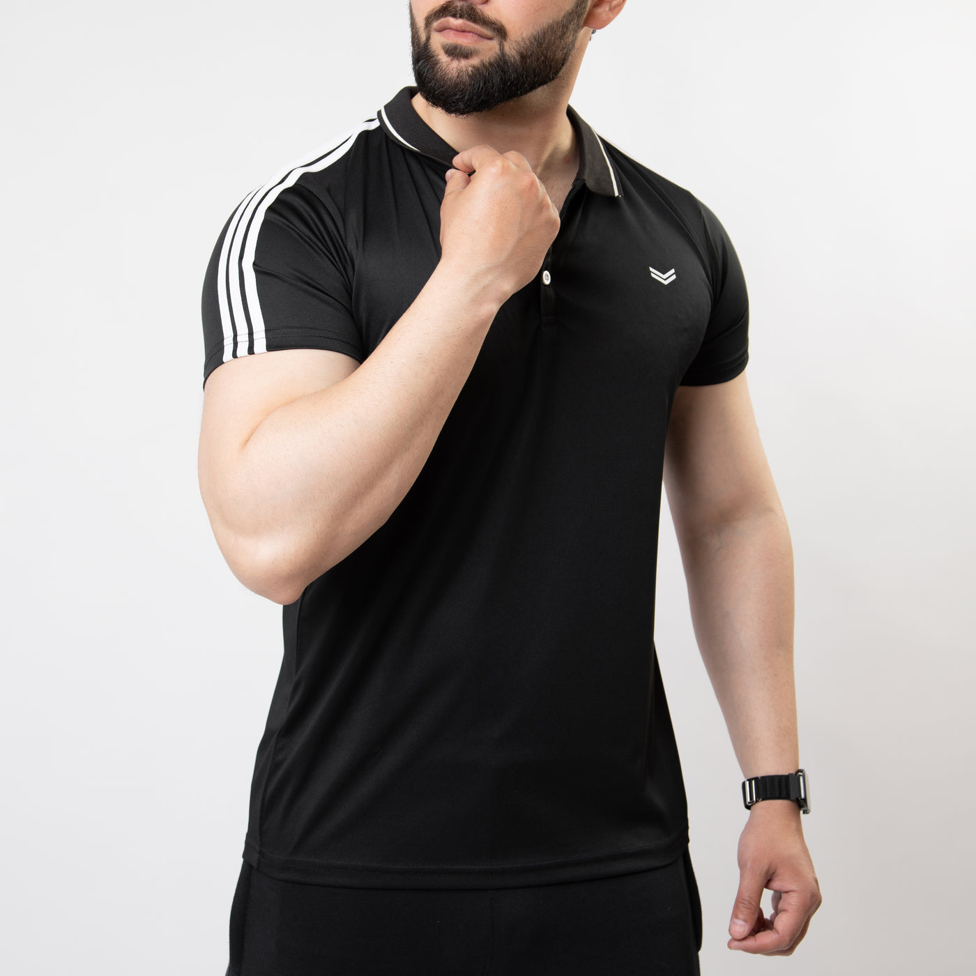 Black Polo Shirt with Three White Stripes