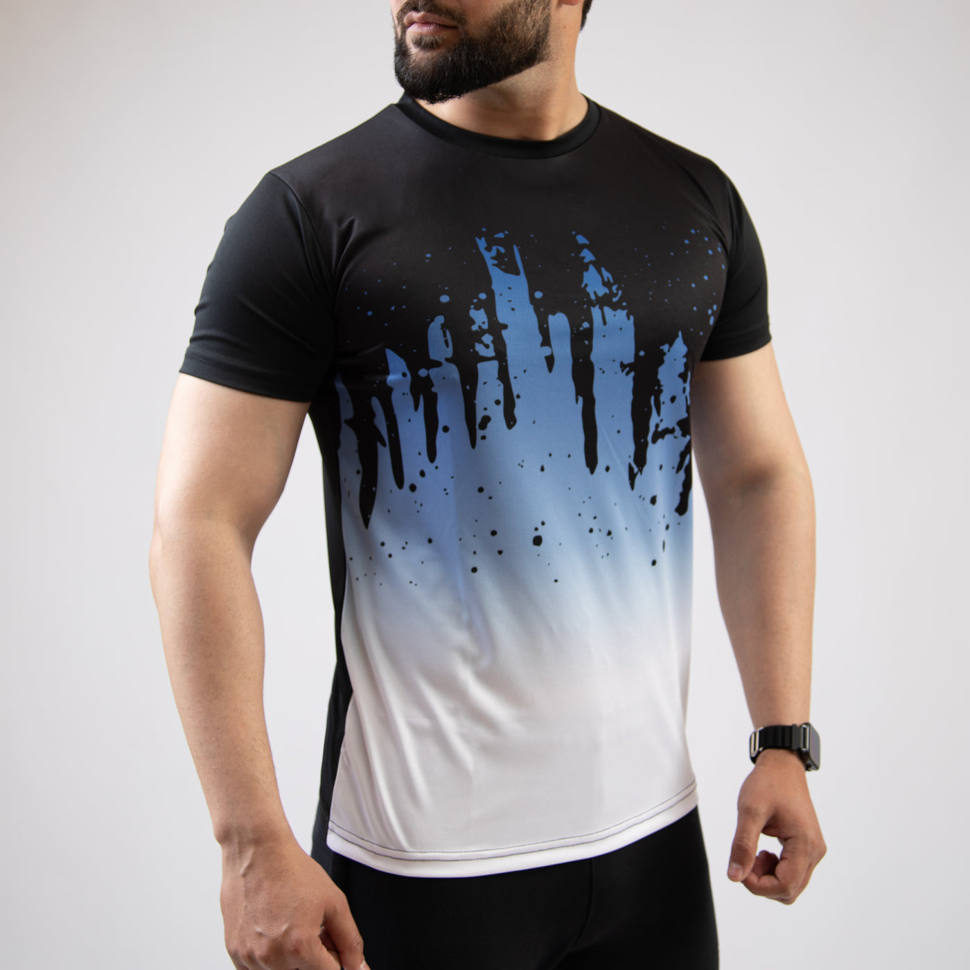 Black & White Splash with Blue Gradient Sublimated Quick Dry T-Shirt