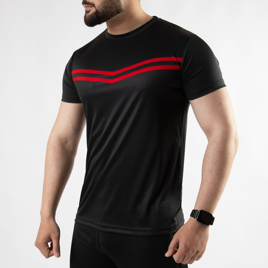 Premium Black Sublimated Quick Dry T-Shirt with Front Red Stripes