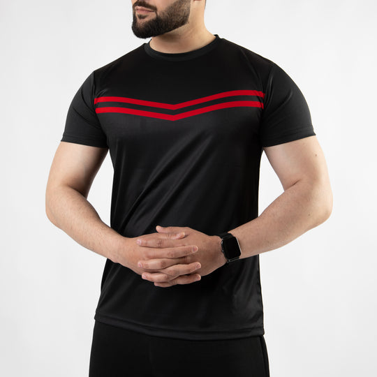Premium Black Sublimated Quick Dry T-Shirt with Front Red Stripes