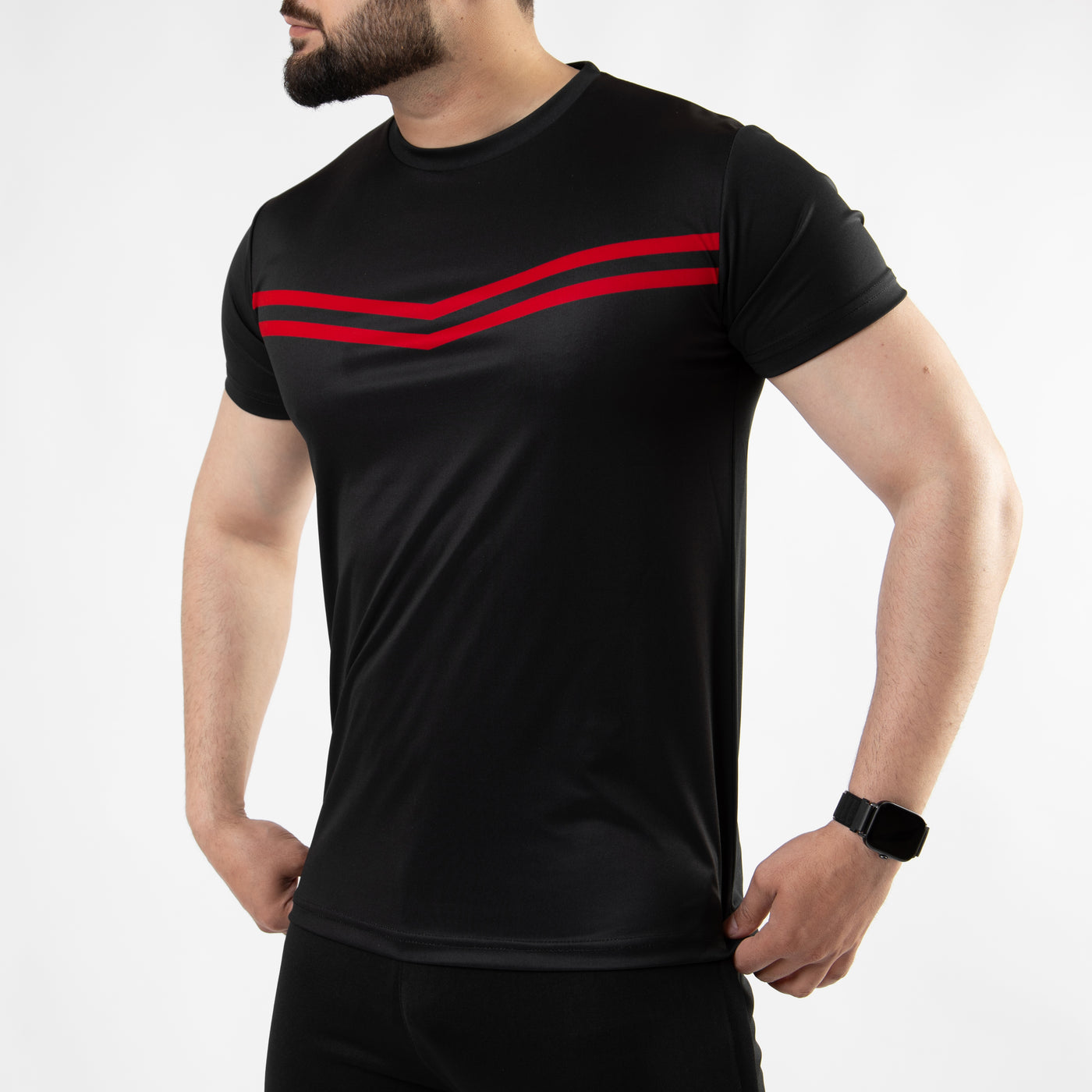 Premium Black Sublimated Quick Dry T-Shirt with Front Red Stripes