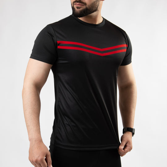 Premium Black Sublimated Quick Dry T-Shirt with Front Red Stripes