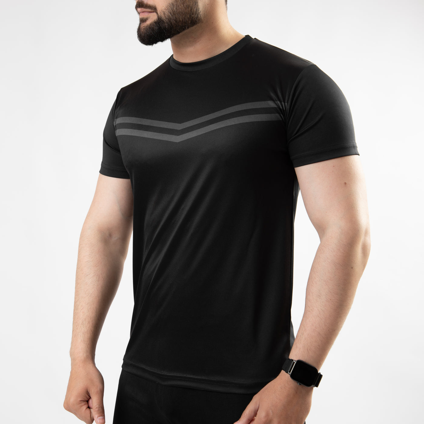 Premium Black Sublimated Quick Dry T-Shirt with Front Gray Stripes