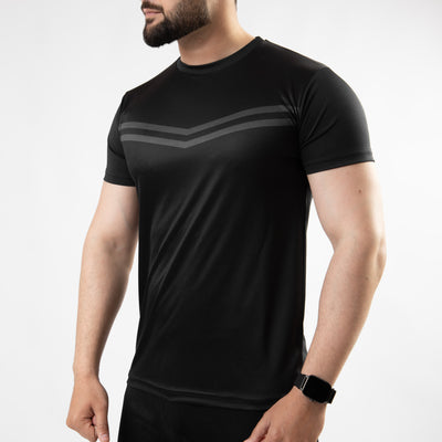 Premium Black Sublimated Quick Dry T-Shirt with Front Gray Stripes