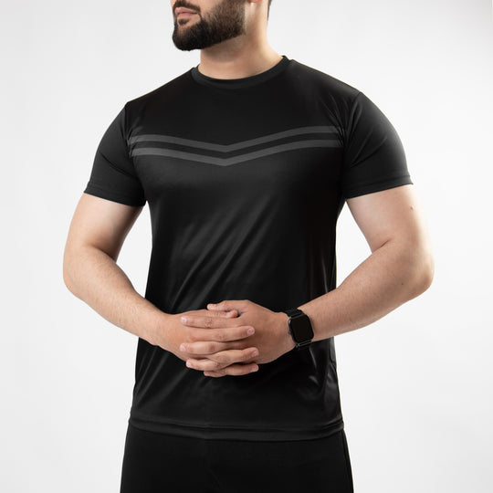 Premium Black Sublimated Quick Dry T-Shirt with Front Gray Stripes
