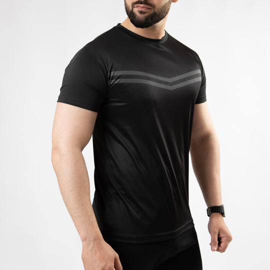 Premium Black Sublimated Quick Dry T-Shirt with Front Gray Stripes