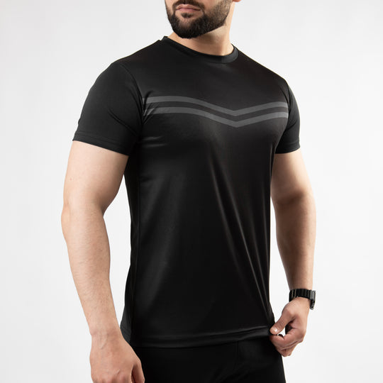 Premium Black Sublimated Quick Dry T-Shirt with Front Gray Stripes