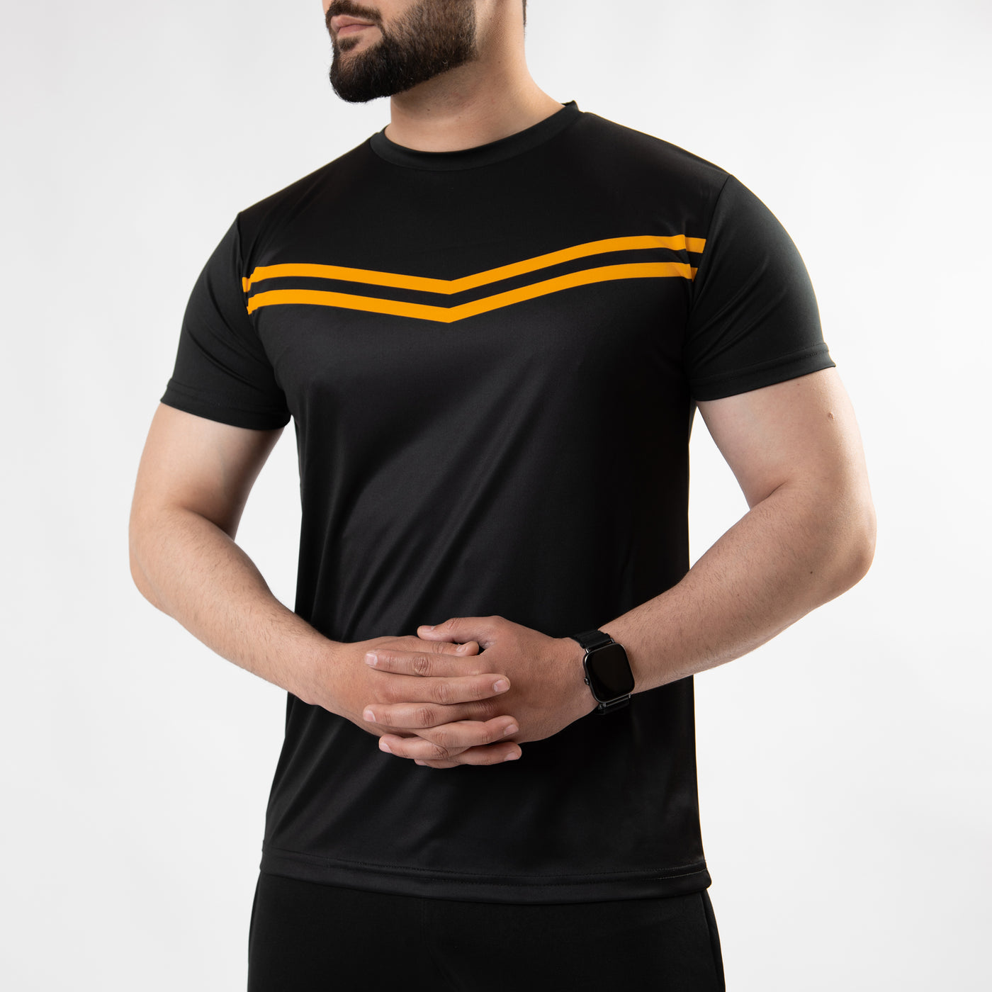 Premium Black Sublimated Quick Dry T-Shirt with Front Yellow Stripes