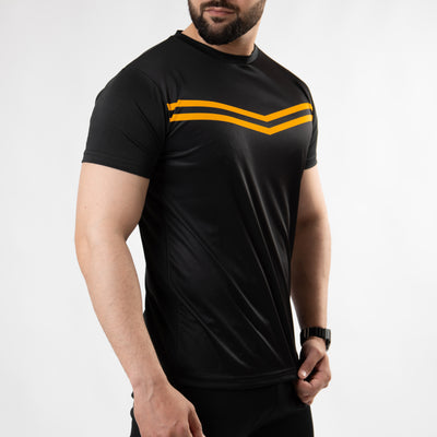 Premium Black Sublimated Quick Dry T-Shirt with Front Yellow Stripes