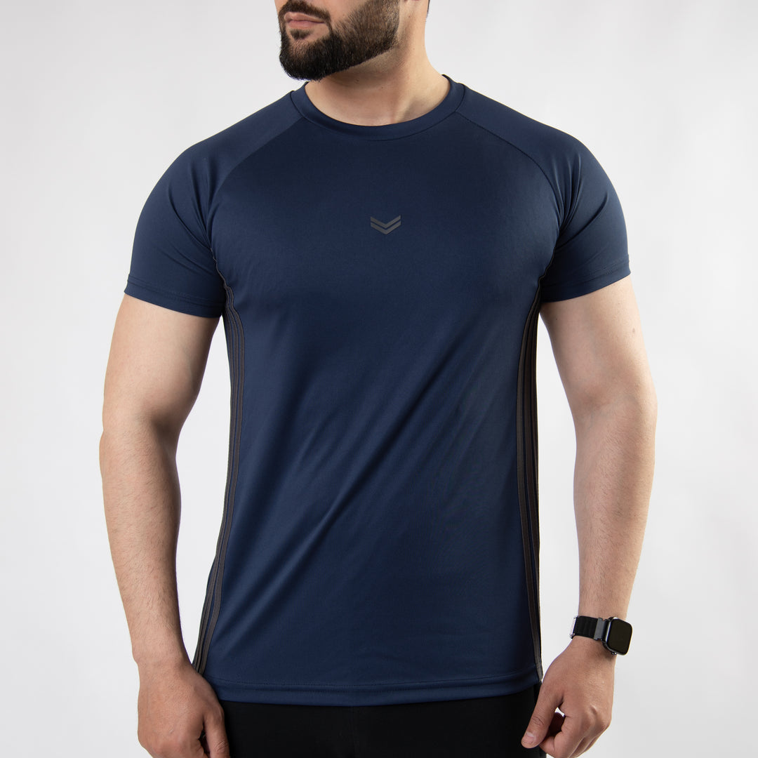 Navy Quick Dry Tee with Forward Three Gray Stripes