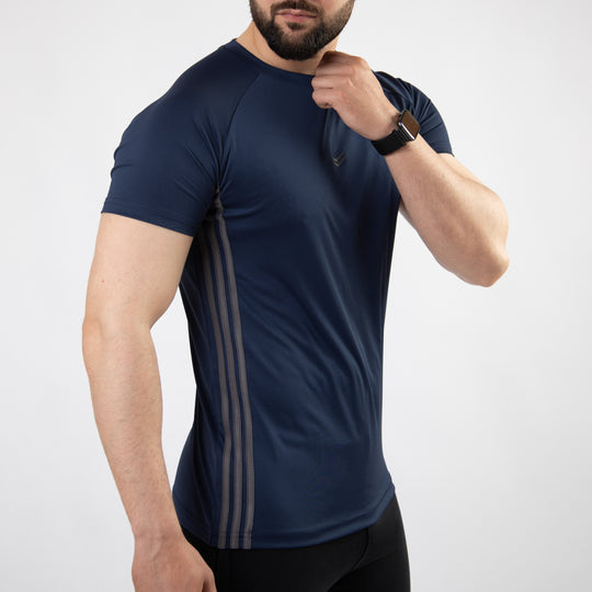 Navy Quick Dry Tee with Forward Three Gray Stripes
